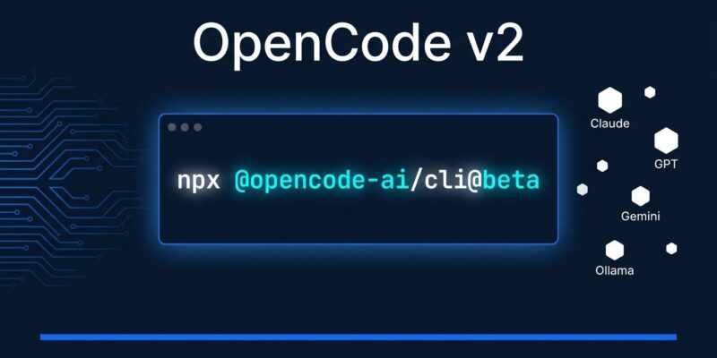 OpenCode v2 beta terminal showing npx command with provider constellation