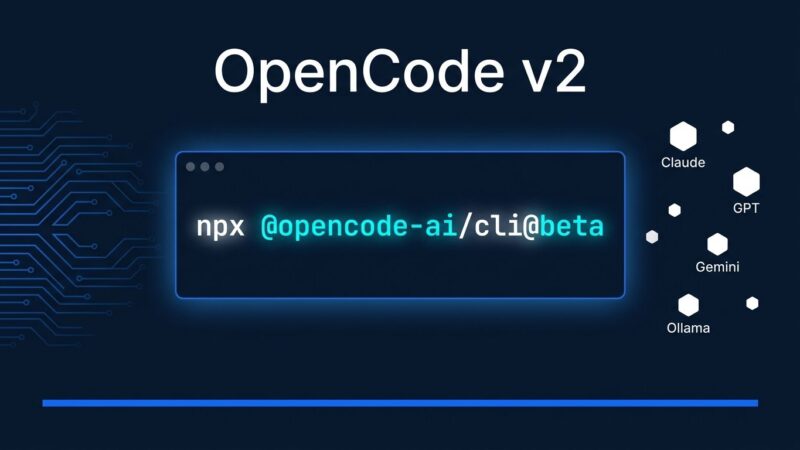 OpenCode v2 beta terminal showing npx command with provider constellation