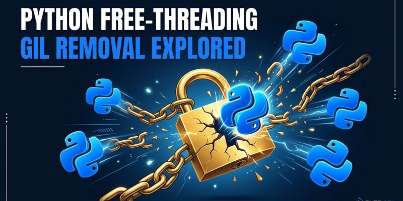 Multiple Python logos breaking free from a golden lock, symbolizing the removal of the Global Interpreter Lock in Python 3.14