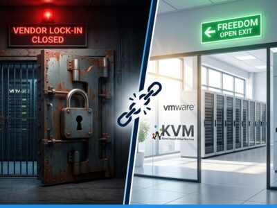 Split-screen illustration VMware lock-in vs Proxmox open alternatives