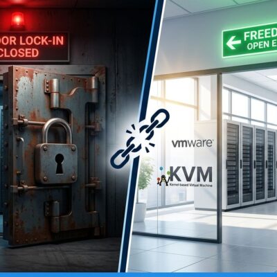 Split-screen illustration VMware lock-in vs Proxmox open alternatives