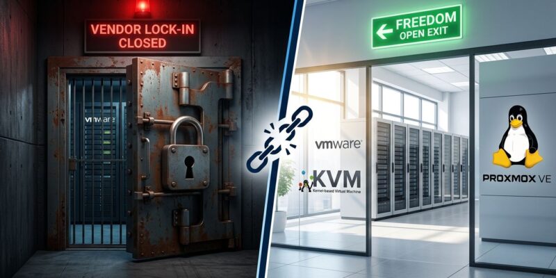 Split-screen illustration VMware lock-in vs Proxmox open alternatives
