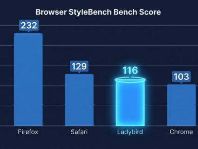 Bar chart showing Ladybird browser StyleBench score of 116.3 beating Chrome at 103.8