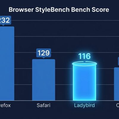 Bar chart showing Ladybird browser StyleBench score of 116.3 beating Chrome at 103.8