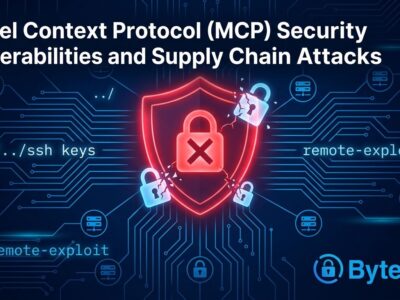 Illustration of MCP server security vulnerabilities including supply chain attacks and CVEs with circuit board patterns and warning shield