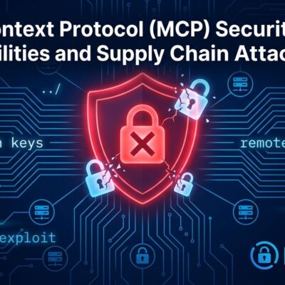 Illustration of MCP server security vulnerabilities including supply chain attacks and CVEs with circuit board patterns and warning shield