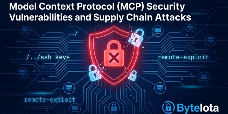 Illustration of MCP server security vulnerabilities including supply chain attacks and CVEs with circuit board patterns and warning shield