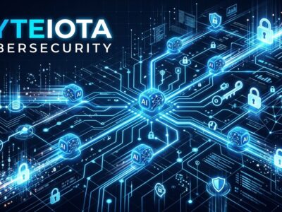 Abstract blue digital network with AI agent nodes traversing enterprise infrastructure, representing agentic ransomware attack