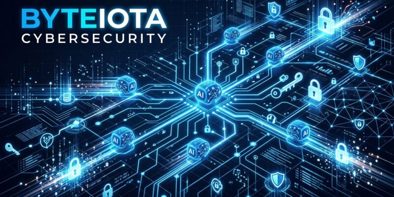 Abstract blue digital network with AI agent nodes traversing enterprise infrastructure, representing agentic ransomware attack
