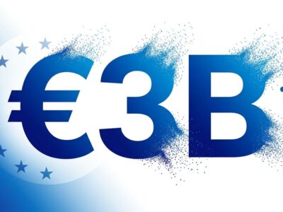 Abstract blue gradient composition with bold €3B numeral representing Mistral AI Series D funding round