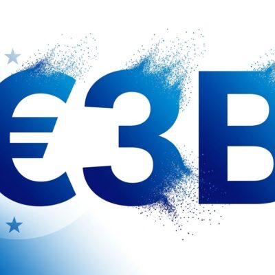 Abstract blue gradient composition with bold €3B numeral representing Mistral AI Series D funding round