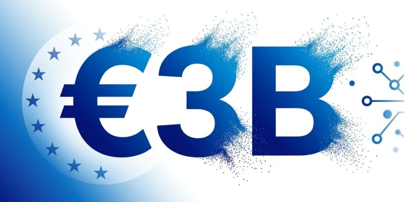 Abstract blue gradient composition with bold €3B numeral representing Mistral AI Series D funding round