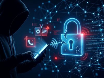 Illustration of a vishing phone call attack compromising an Okta SSO login to steal healthcare data