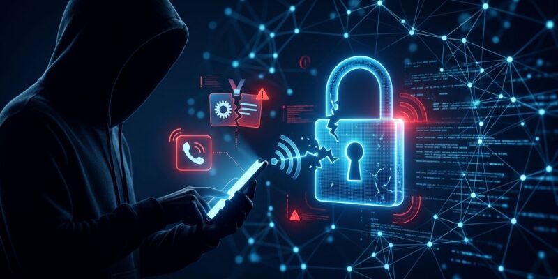 Illustration of a vishing phone call attack compromising an Okta SSO login to steal healthcare data