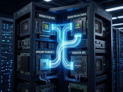 NVIDIA NVLink Fusion connecting custom XPUs and AI accelerators in a data center rack with glowing blue interconnect lines