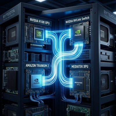 NVIDIA NVLink Fusion connecting custom XPUs and AI accelerators in a data center rack with glowing blue interconnect lines