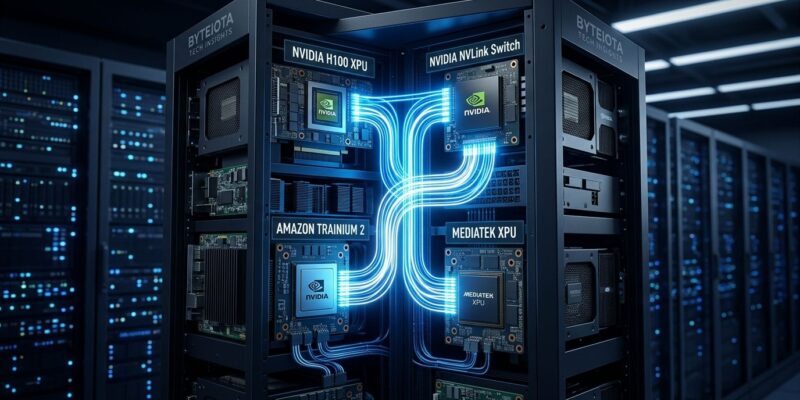 NVIDIA NVLink Fusion connecting custom XPUs and AI accelerators in a data center rack with glowing blue interconnect lines