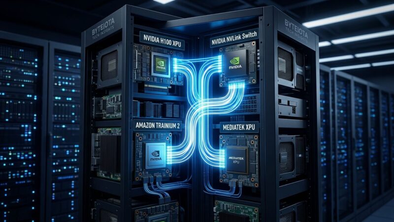 NVIDIA NVLink Fusion connecting custom XPUs and AI accelerators in a data center rack with glowing blue interconnect lines