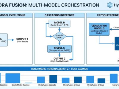 Data visualization showing GitHub HydraFusion three execution patterns: Single, Cascade, and Critique model routing for Copilot