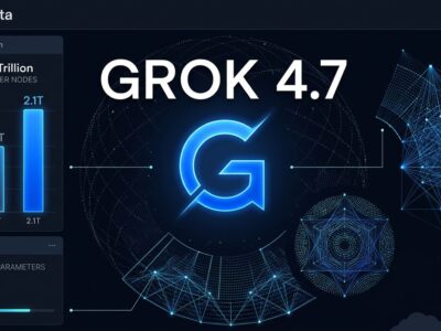 Grok 4.7 model launch countdown visualization with 2.1 trillion parameters and SpaceX Starlink data integration