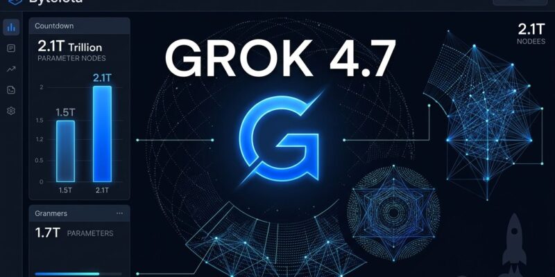 Grok 4.7 model launch countdown visualization with 2.1 trillion parameters and SpaceX Starlink data integration