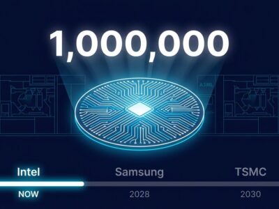 Intel High-NA EUV silicon wafer milestone with competitive timeline showing Intel ahead of TSMC and Samsung