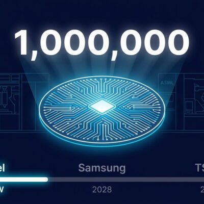 Intel High-NA EUV silicon wafer milestone with competitive timeline showing Intel ahead of TSMC and Samsung