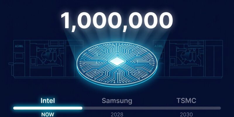 Intel High-NA EUV silicon wafer milestone with competitive timeline showing Intel ahead of TSMC and Samsung