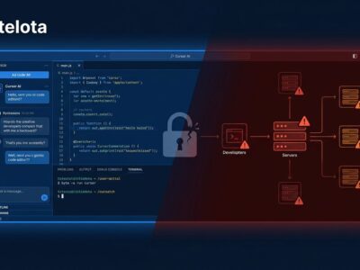 Split illustration showing a blue AI code editor interface on the left and a red-tinted compromised network diagram on the right, representing how Cursor AI was weaponized by Aurora ransomware operators