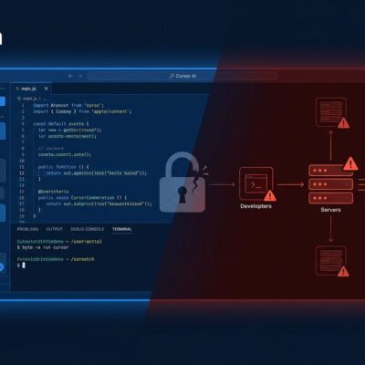 Split illustration showing a blue AI code editor interface on the left and a red-tinted compromised network diagram on the right, representing how Cursor AI was weaponized by Aurora ransomware operators