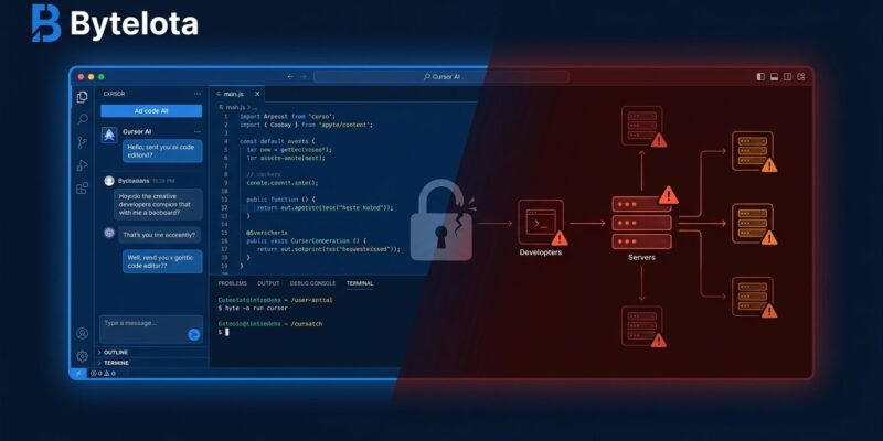 Split illustration showing a blue AI code editor interface on the left and a red-tinted compromised network diagram on the right, representing how Cursor AI was weaponized by Aurora ransomware operators