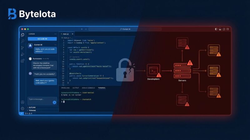 Split illustration showing a blue AI code editor interface on the left and a red-tinted compromised network diagram on the right, representing how Cursor AI was weaponized by Aurora ransomware operators
