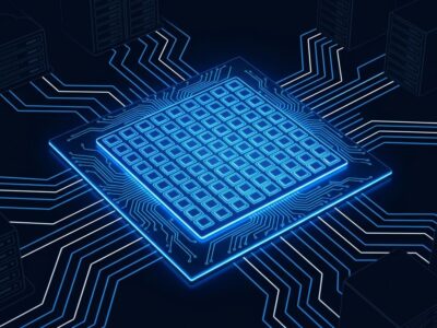 Arm Neoverse CSS N4 Ranger chip architecture visualization with blue circuit traces and PCIe 7 interconnects on dark background