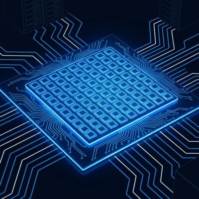 Arm Neoverse CSS N4 Ranger chip architecture visualization with blue circuit traces and PCIe 7 interconnects on dark background