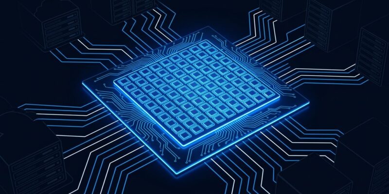 Arm Neoverse CSS N4 Ranger chip architecture visualization with blue circuit traces and PCIe 7 interconnects on dark background