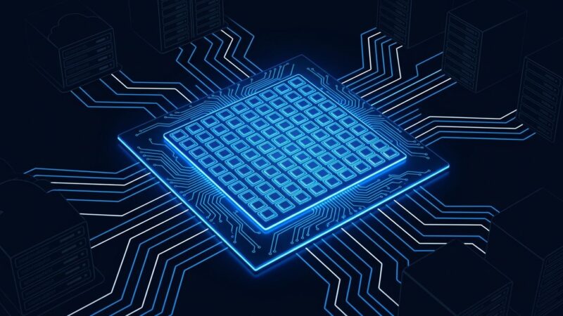 Arm Neoverse CSS N4 Ranger chip architecture visualization with blue circuit traces and PCIe 7 interconnects on dark background
