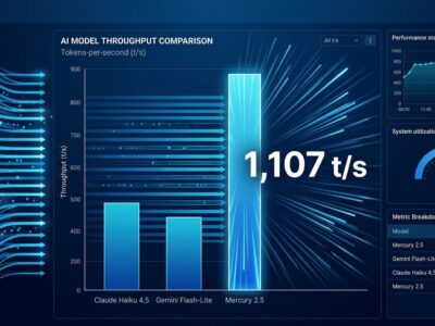 Data visualization showing Mercury 2.5 diffusion LLM throughput of 1107 tokens per second vs competing models