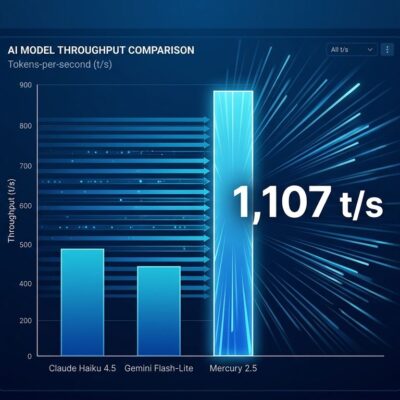 Data visualization showing Mercury 2.5 diffusion LLM throughput of 1107 tokens per second vs competing models