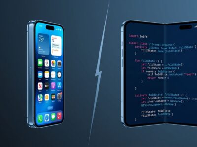 Split-screen illustration showing iPhone Ultra foldable device with fold and unfold states, developer code snippets visible on screen