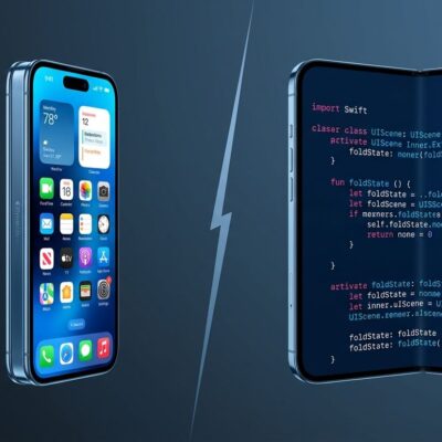Split-screen illustration showing iPhone Ultra foldable device with fold and unfold states, developer code snippets visible on screen