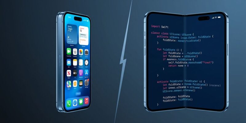 Split-screen illustration showing iPhone Ultra foldable device with fold and unfold states, developer code snippets visible on screen