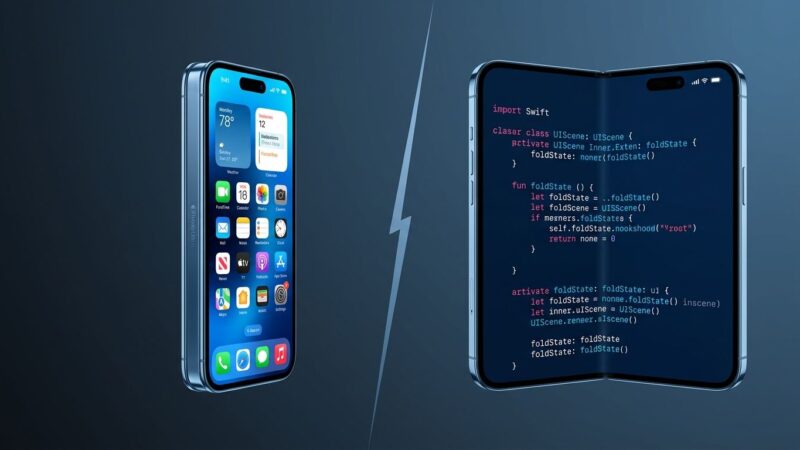 Split-screen illustration showing iPhone Ultra foldable device with fold and unfold states, developer code snippets visible on screen