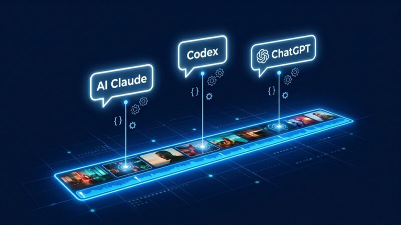 DaVinci Resolve 21.1 video editing timeline connected to Claude and Codex AI agents via MCP server protocol