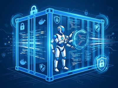 OpenHands 1.0 autonomous coding agent running inside a secure Docker container with blue security shields