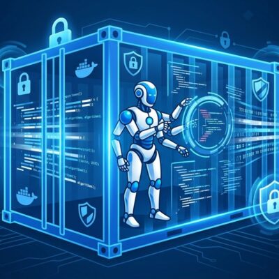 OpenHands 1.0 autonomous coding agent running inside a secure Docker container with blue security shields