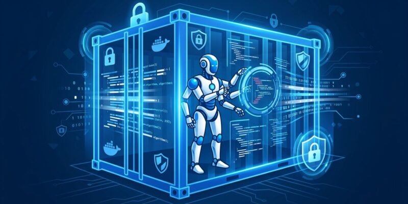 OpenHands 1.0 autonomous coding agent running inside a secure Docker container with blue security shields