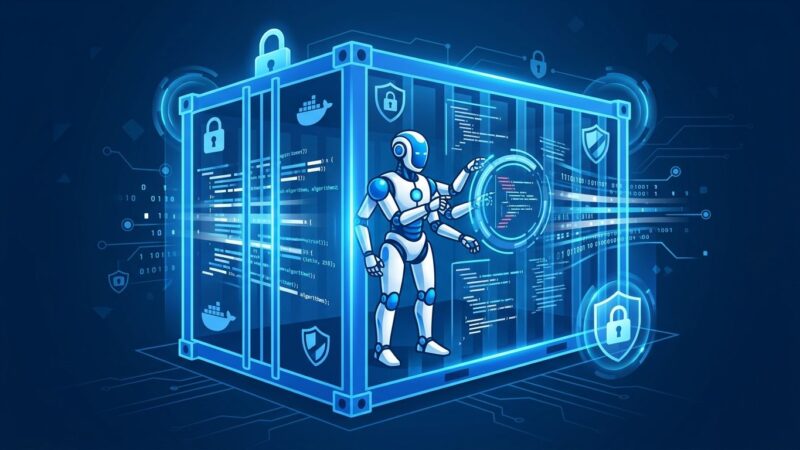 OpenHands 1.0 autonomous coding agent running inside a secure Docker container with blue security shields