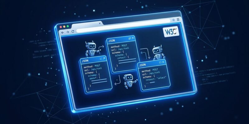 AI agents calling structured WebMCP tools inside a browser window, representing the Chrome 149 WebMCP origin trial standard