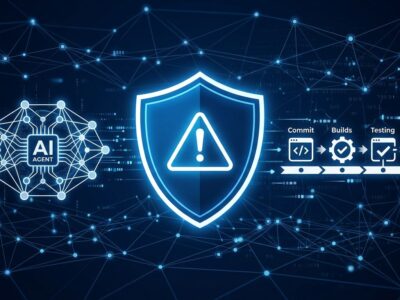 AI agents conducting automated enterprise network breach visualization with blue security shield and neural network nodes