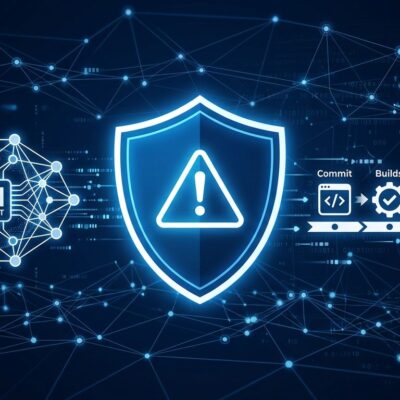AI agents conducting automated enterprise network breach visualization with blue security shield and neural network nodes